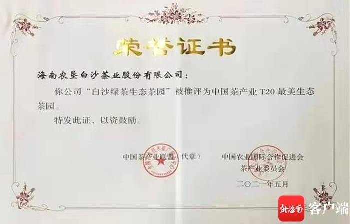 关于海垦旗下白沙绿茶生态茶园获评“中国茶产业T20最美生态茶园”称号的新闻(1)