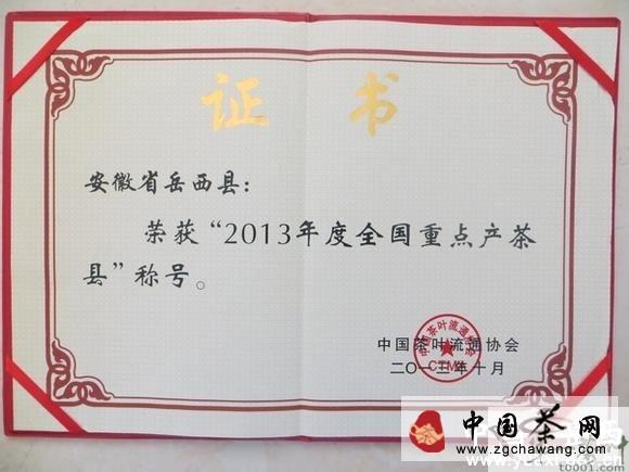 关于岳西县获评2013年全国重点产茶县的资讯