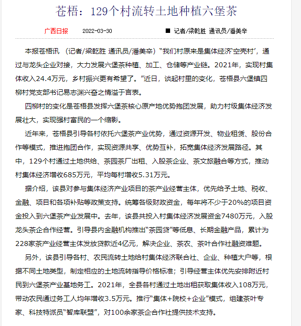 关于苍梧县：129个村流转土地种植六堡茶的新闻