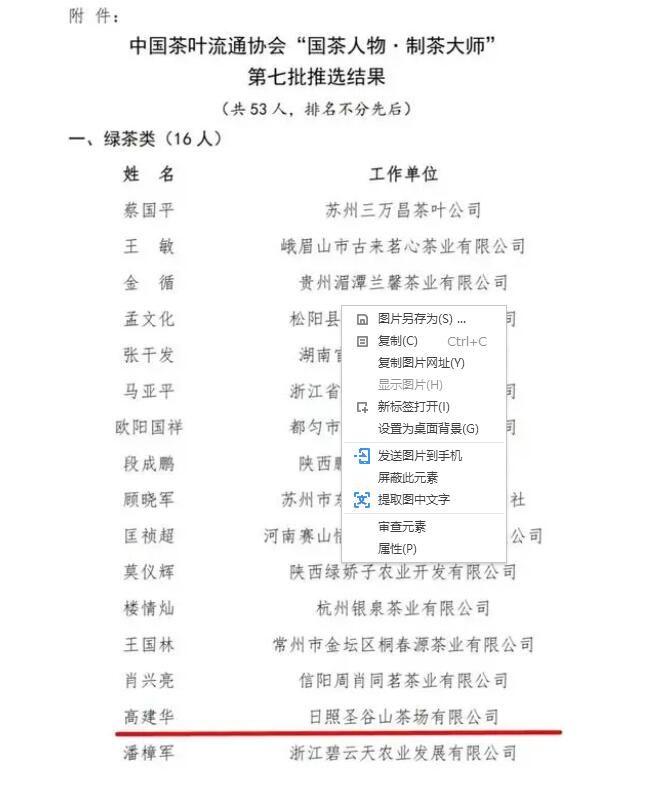 有关于“国茶人物·制茶大师”第七批推选结果揭晓，山东1人上榜的资讯